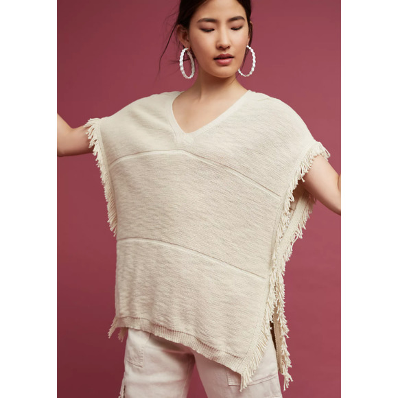 Women's Anthropologie Michael Stars Boho Fringe Poncho Sweater Natural Small - Picture 1 of 10